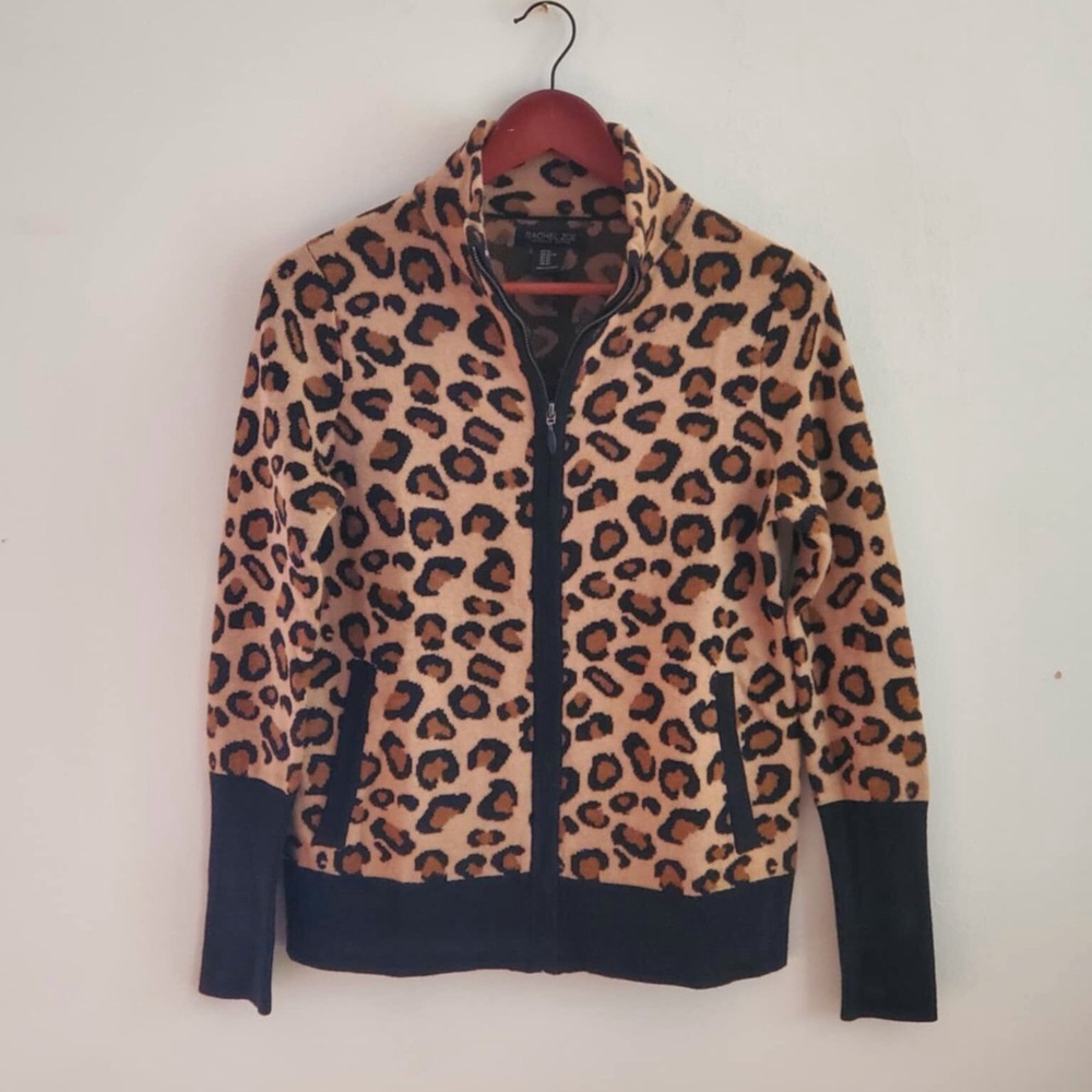Rachel Zoe Tan Black Leopard Print Zippered Sweater Cardigan Pockets EUC XS - Picture 3 of 7